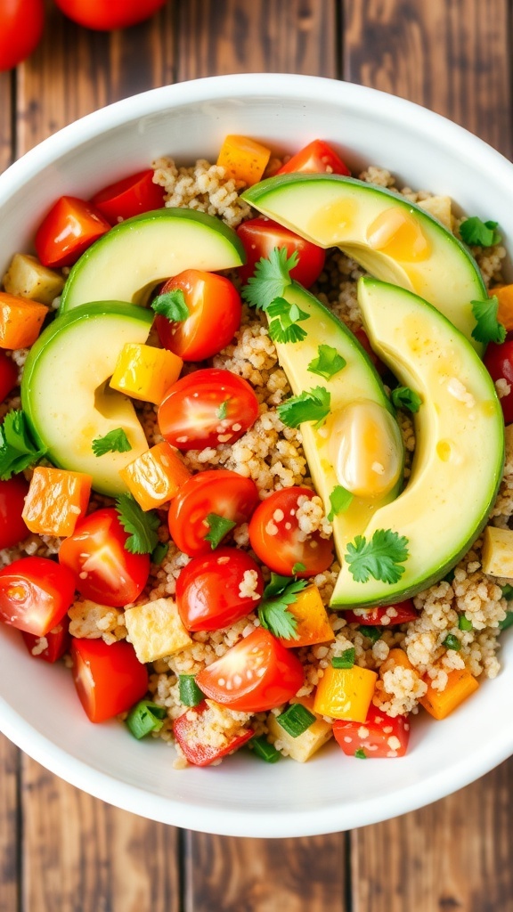 A healthy quinoa bowl with fresh vegetables like tomatoes, cucumber, bell pepper, and avocado, garnished with cilantro.